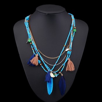 Ethnic Bohemian Choker Necklace Women Multilayer Beads Feather Resin Maxi Collares Collier Jewelry